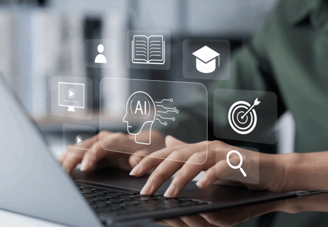 Someone working on a computer with AI icons around